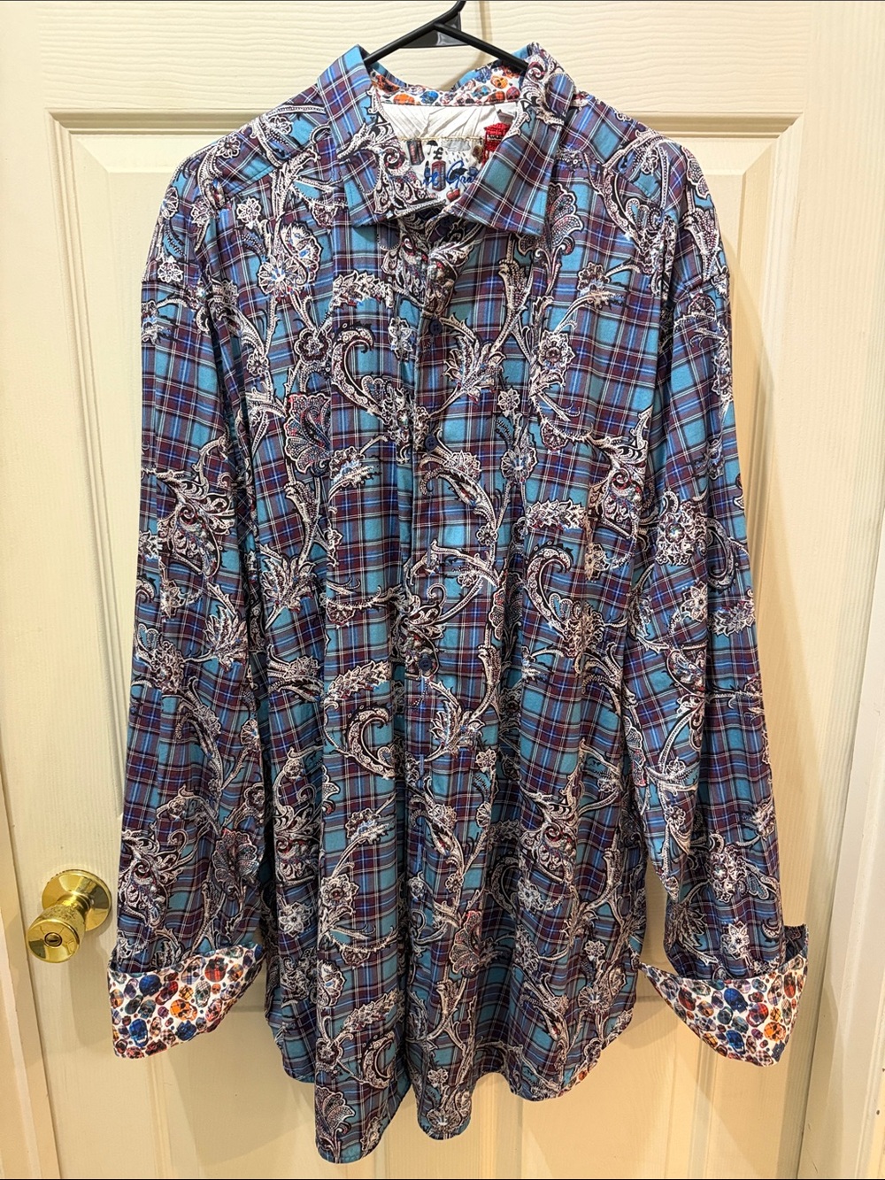 Robert Graham Blue Plaid filigree Contrast-Cuff Button-Down Shirt